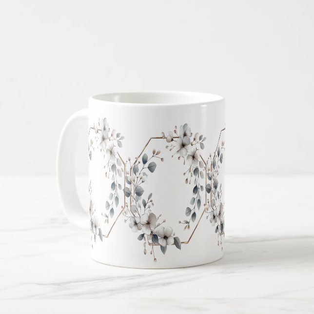 Mug Fleurs blanches à l'aquarelle cadre doré argent sa (Devant gauche)