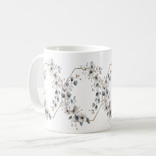Mug Fleurs blanches aquarelle cadre doré sarcelle arge
