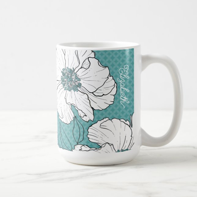 Mug Fleurs blanches élégantes personnalisées sur sarce (Droite)