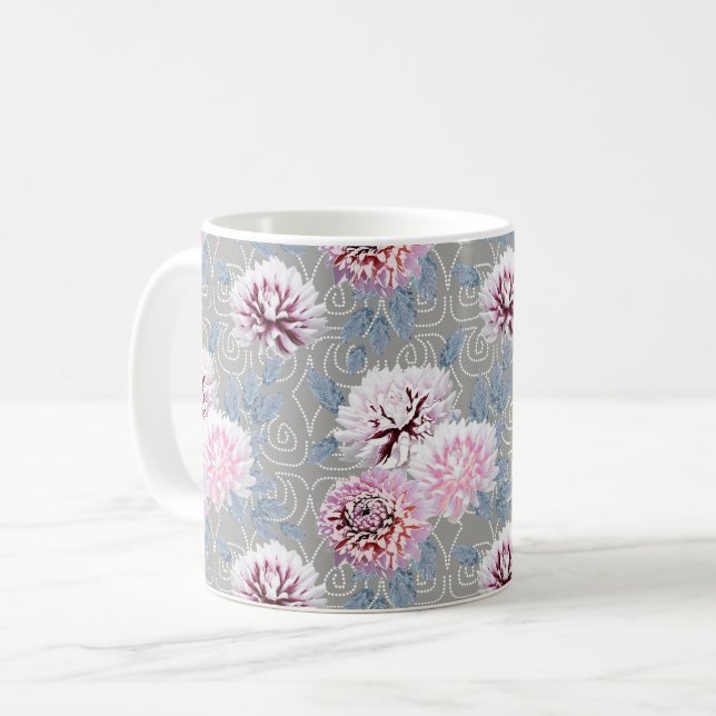 Mug Fleurs blanches et roses sur fond gris. (Devant gauche)