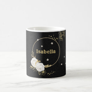 Mug fleurs blanches feuilles dorées noires