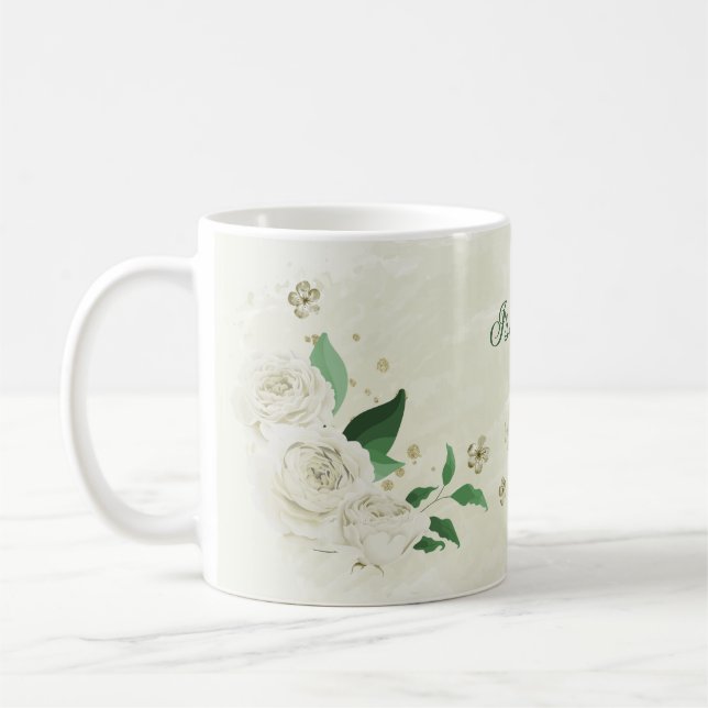 Mug Fleurs blanches ivoire romantiques verdure (Gauche)