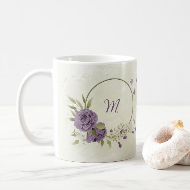 Mug fleurs blanches mauves verdure  (Avec donut)
