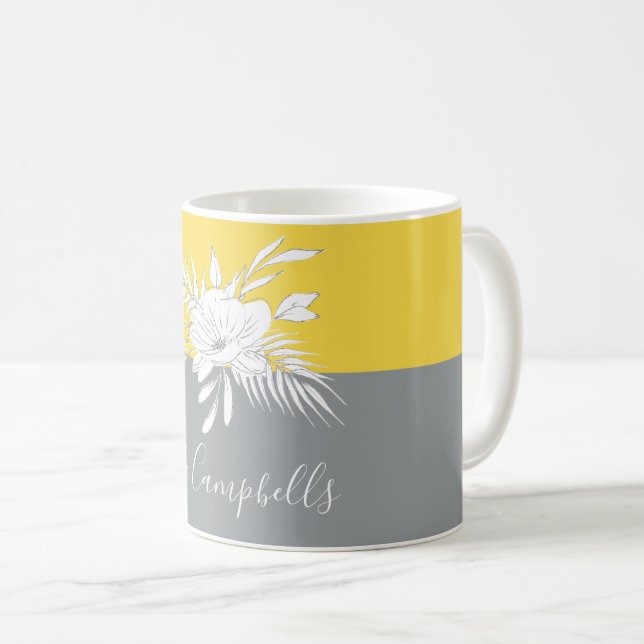 Mug Fleurs blanches modernes sur un bloc de couleur pe (Devant droit)