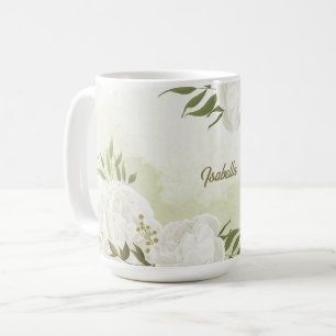 Mug fleurs blanches romantiques avec de jolis feuilles