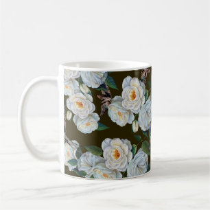 Mug Fleurs blanches rose avec dessin feuille en pastel