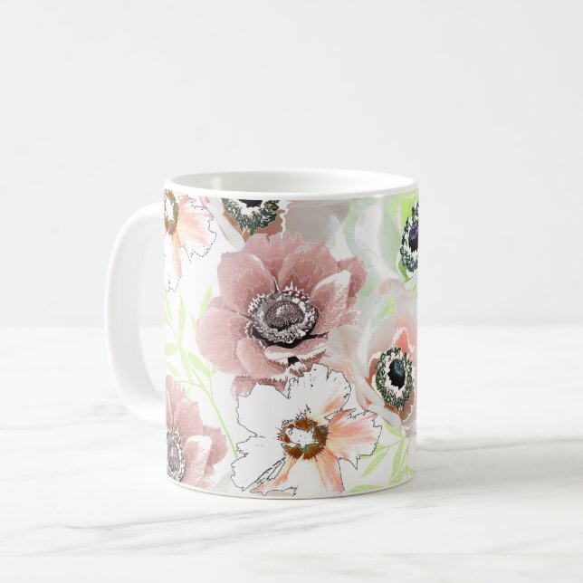 Mug Fleurs blanches, roses. (Devant gauche)