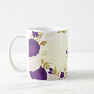 Mug fleurs blanches royales violettes or mariage botan