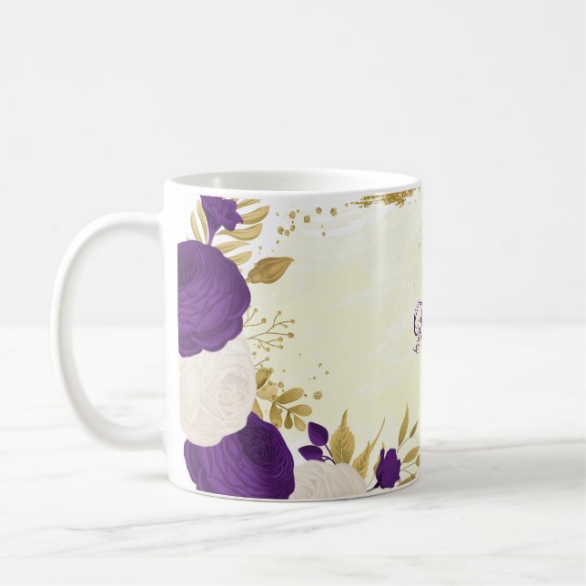 Mug fleurs blanches royales violettes or mariage botan (Gauche)