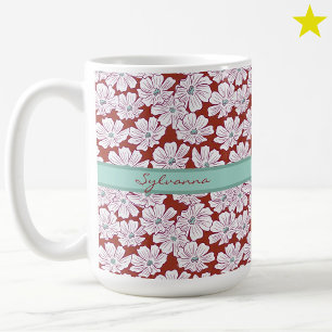 Mug Fleurs blanches rustiques dessin rouge sarcelle no