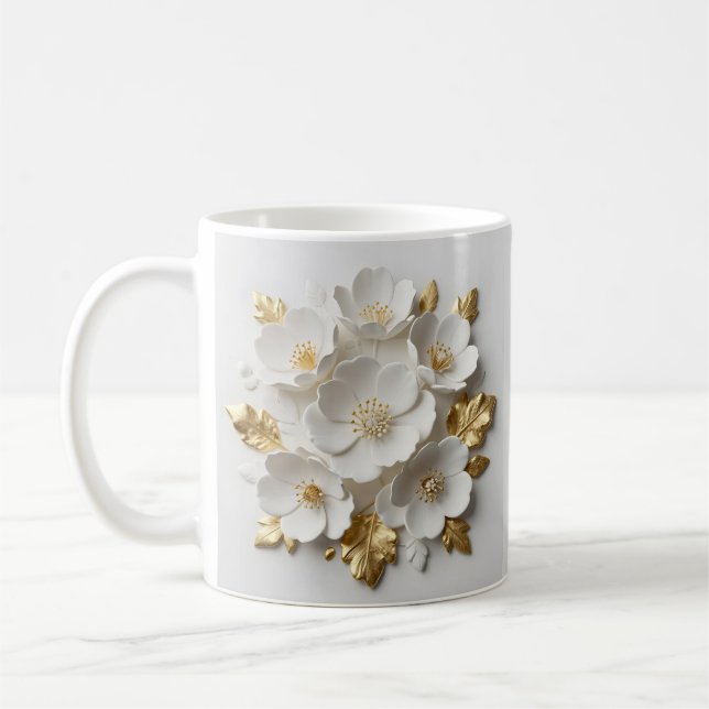 Mug fleurs blanches sculptées et feuilles dorées flora (Gauche)