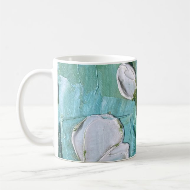 Mug Fleurs blanches sur fond sarcelle et jaune (Gauche)