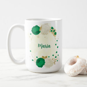 Mug fleurs blanches vertes or botanique mariage