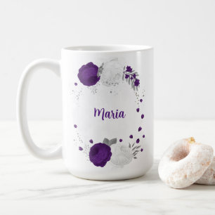 Mug fleurs blanches violettes mariage botanique argent