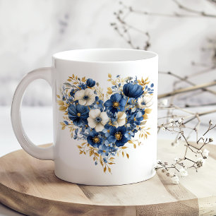 Mug Fleurs bleu marine et or en forme de coeur