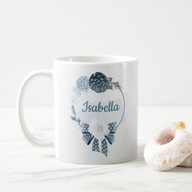 Mug fleurs bleu marine poussiéreux botanique  (Avec donut)