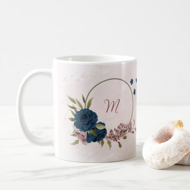 Mug fleurs bleu marine rose (Avec donut)