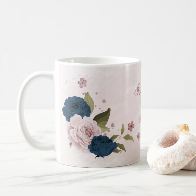 Mug fleurs bleu marine rose  (Avec donut)