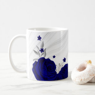 Mug fleurs bleu royal feuilles argent marbre