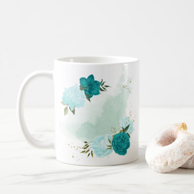 Mug fleurs bleu turquoise clair  (Avec donut)