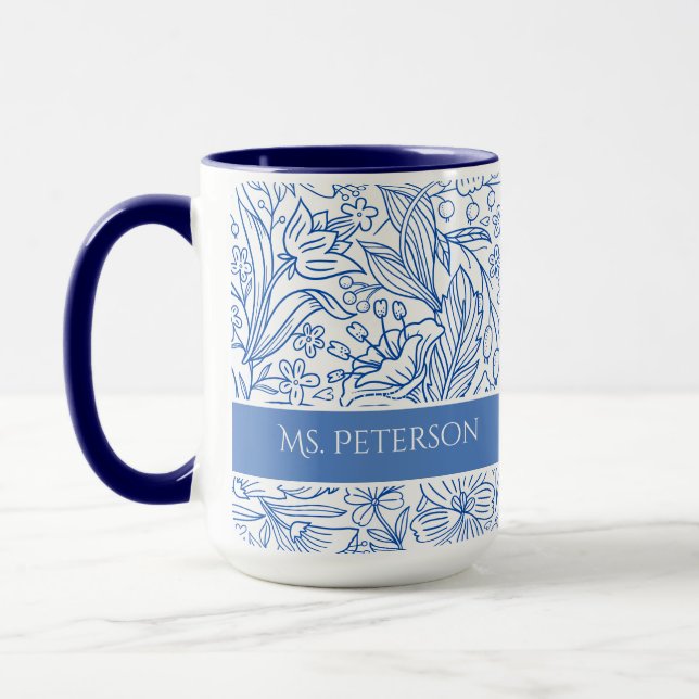 Mug Fleurs bleues élégantes personnalisées (Gauche)