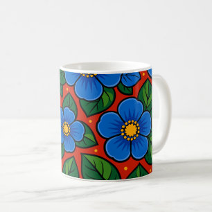 Mug Fleurs bleues et feuilles vertes sur fond rouge