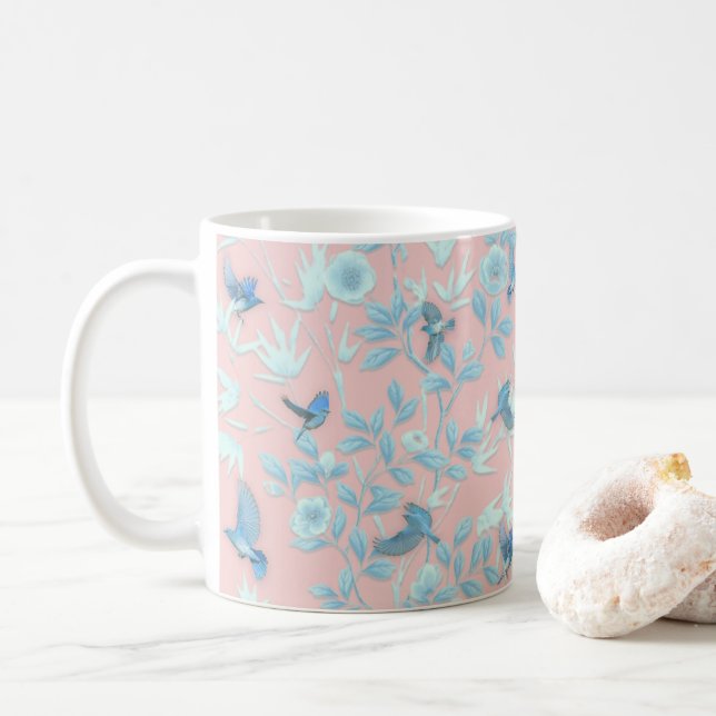 Mug fleurs bleues et oiseau, couleur rose clair Arrièr (Avec donut)