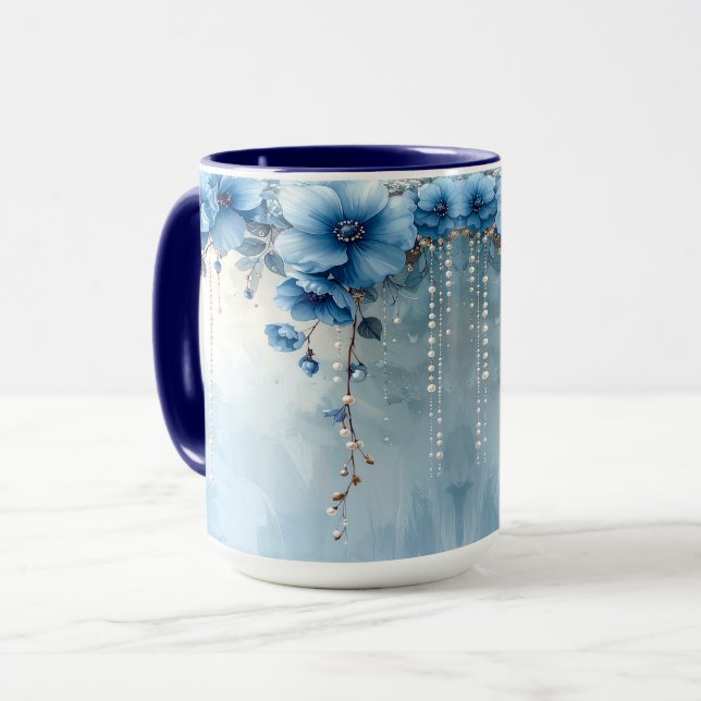 Mug Fleurs Bleues et Perles (Devant gauche)