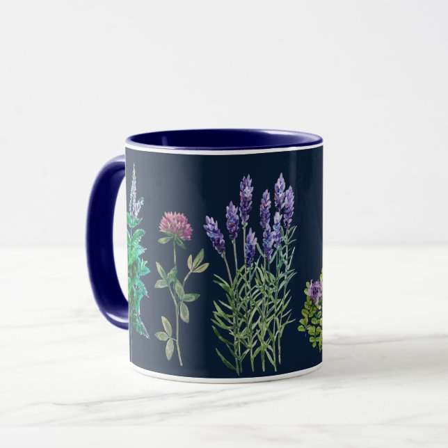Mug Fleurs bleues et violettes en aquarelles (Devant gauche)