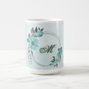 Mug fleurs bleues romantiques et feuilles vertes