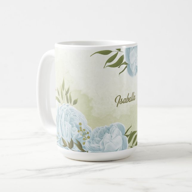 Mug fleurs bleues romantiques  & feuilles vertes botan (Devant gauche)