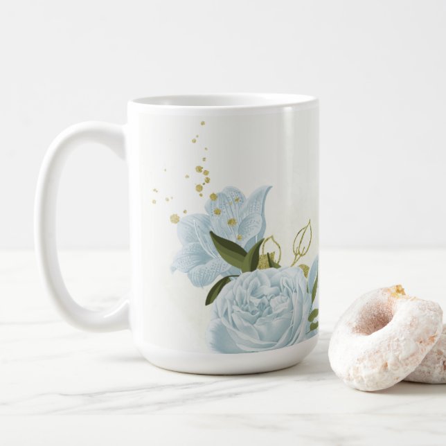 Mug fleurs bleues romantiques  & feuilles vertes botan (Avec donut)