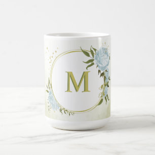 Mug fleurs bleues romantiques & vert feuille botanique