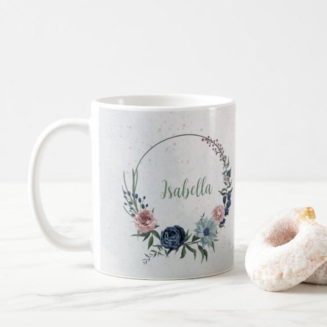 Mug Fleurs bleues roses romantiques feuillage (Avec donut)