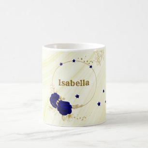 Mug fleurs bleues royales or marbre feuille
