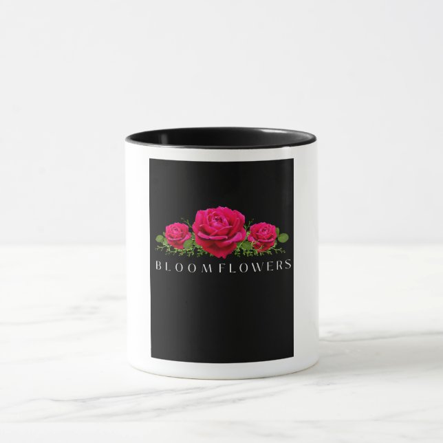 Mug Fleurs Bloom Élégante Rose Rose Esthétique Noir  (Centre)