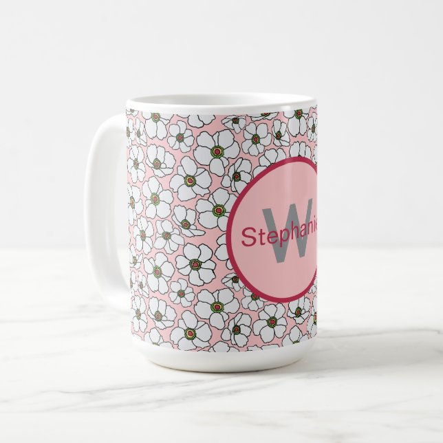 Mug Fleurs Bohème Rose Et Blanche Avec Monogramme (Devant gauche)