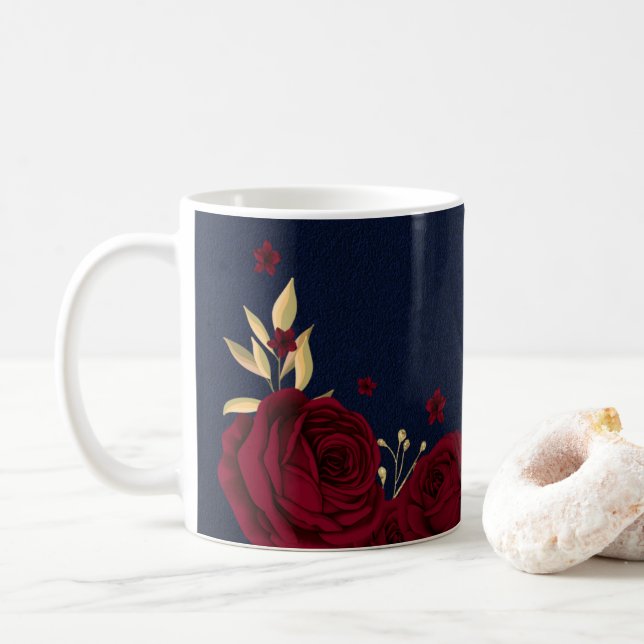 Mug fleurs bordeaux feuilles dorées bleu marine (Avec donut)