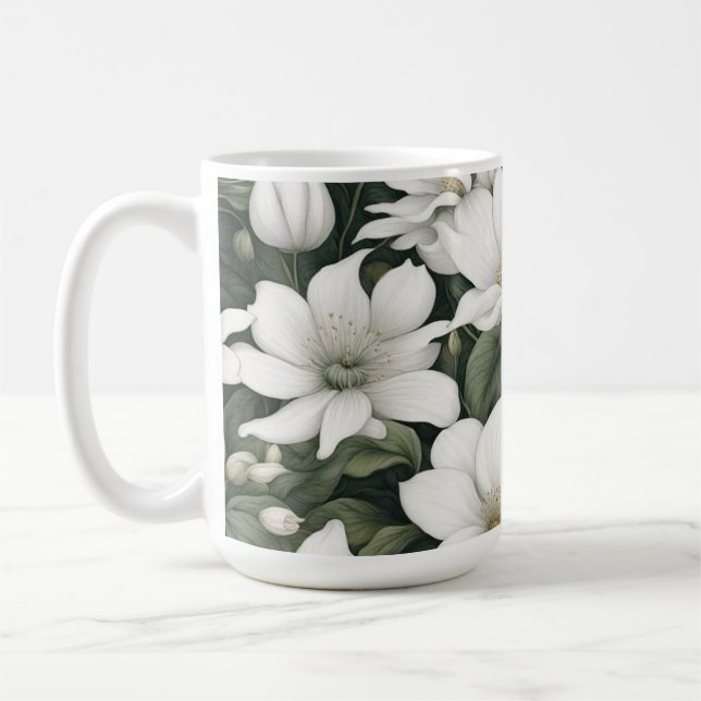 Mug Fleurs botaniques blanches sur feuilles verts (Gauche)