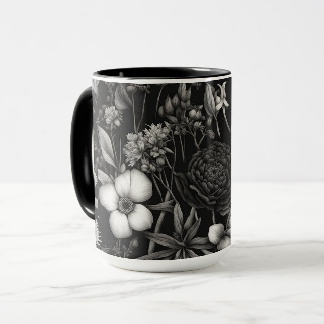 Mug Fleurs botaniques noires et blanches (Devant gauche)
