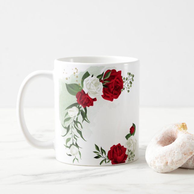 Mug Fleurs botaniques rouges et blanches verdure (Avec donut)