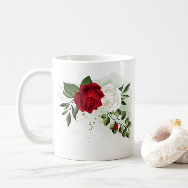 Mug Fleurs botaniques rouges et blanches verdure (Avec donut)