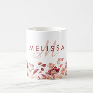 Mug Fleurs Bourgogne et rose Aquarelle Nom Monogramme