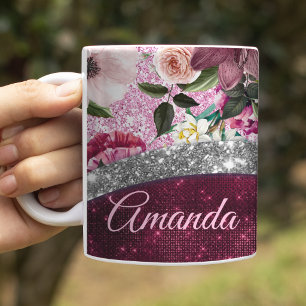 Mug fleurs Bourgogne rose argent faux monogramme paill