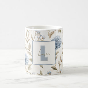 Mug Fleurs Brunes Bleues Crème Monogramme Initial Amou