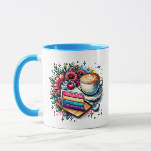 Mug Fleurs, café et gâteau arc-en-ciel personnalisés