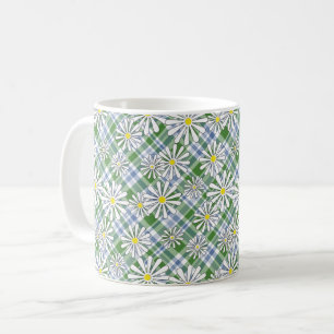 Mug Fleurs chamomiles blanches sur à damiers bleu vert