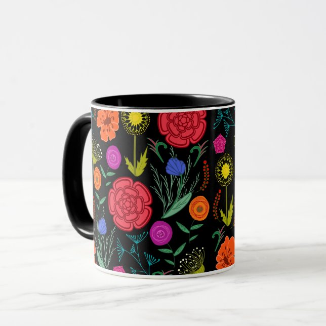 Mug Fleurs Colorées Brillantes sur Fond Noir (Devant gauche)