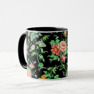 Mug FLEURS COLORÉES ET FEUILLES FLORAUX SOMBRES Noir