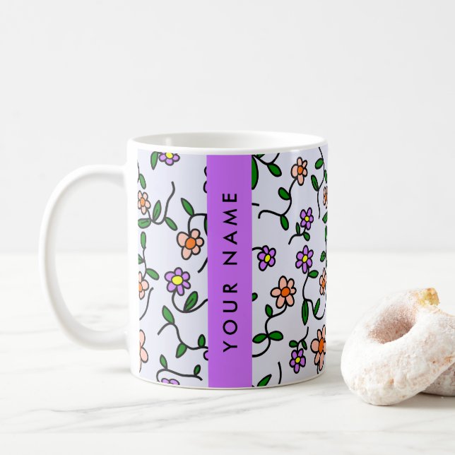 Mug Fleurs Colorées, Fond Bleu, Violet (Avec donut)